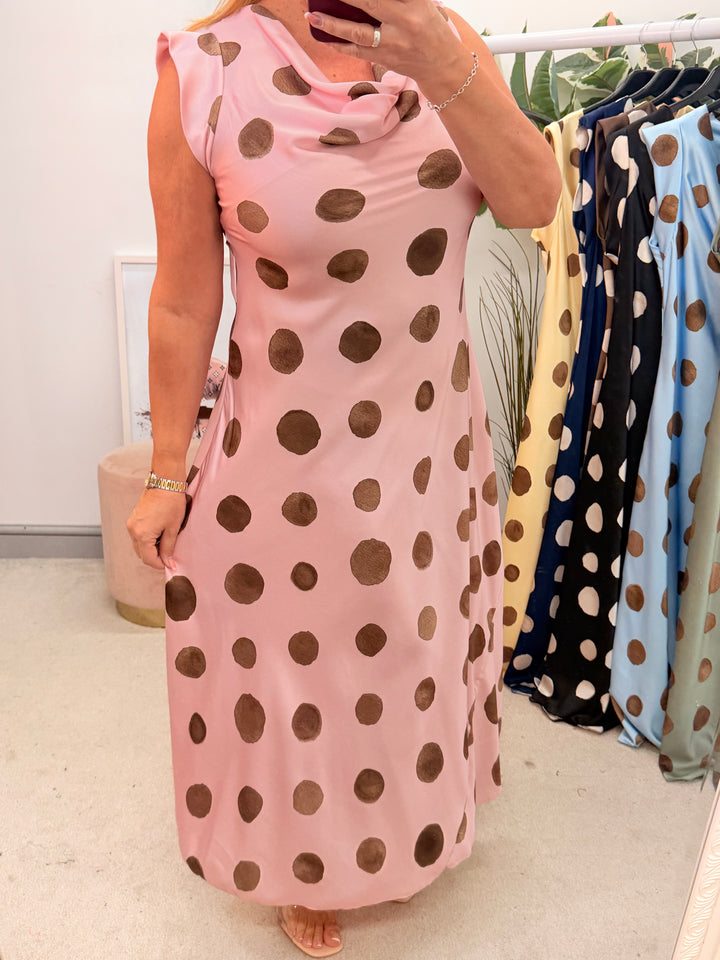 Ladies Satin Polka Dot Sheath Dress - Lemon, Black, Pink, Khaki, Navy, Black & Blue