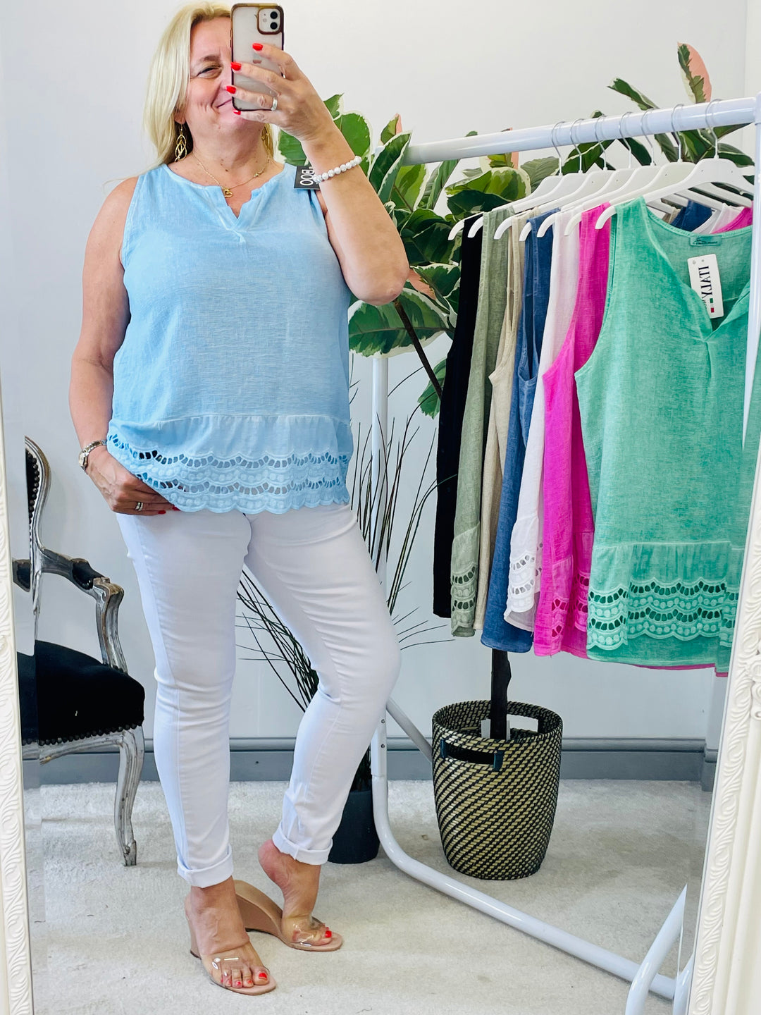 LADIES LACE PRETTY TOP IN BEIGE, TURQUOISE, PINK, WHITE, JADE, BLACK, BABY BLUE, KHAKI, DENIM BLUE