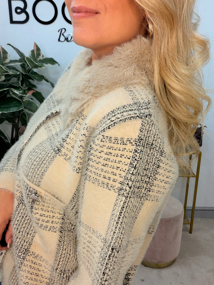 Ladies Fashion Fluffy Faux Fur Collar Cardigan Jacket - White, Black & Beige