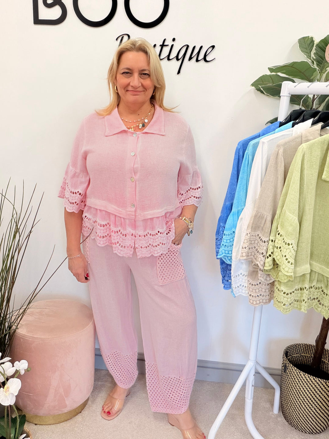 Ladies Fashion Broderie Anglaise Teabag Linen Top candy pink