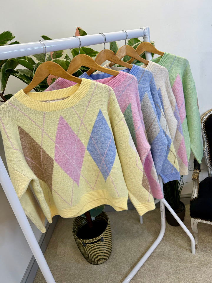LADIES SOFT KNIT ARGYLE JUMPER - PINK, LEMON, BLUE, MINT & CREAM