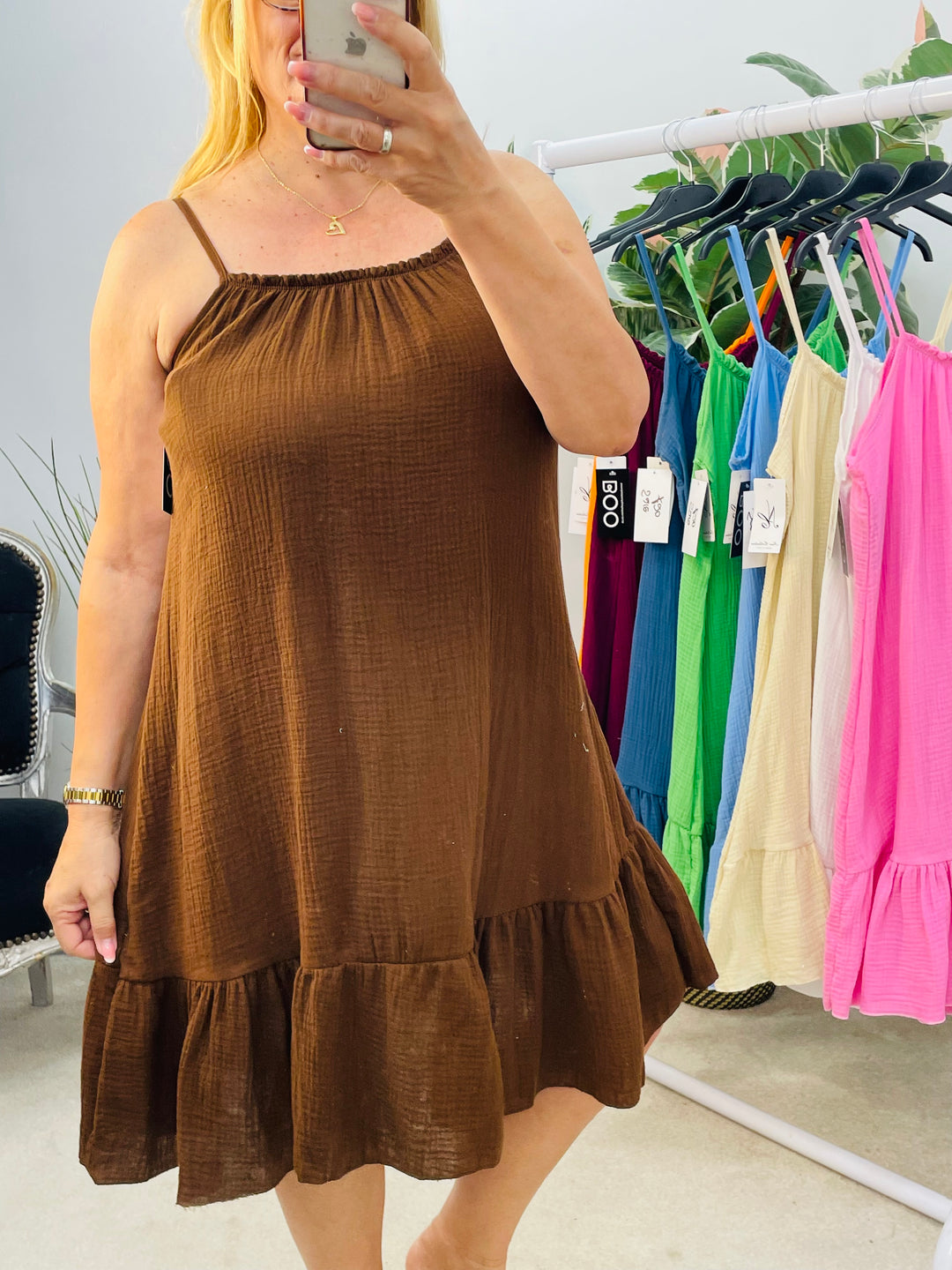 LADIES CHEESECLOTH SUMMER CAMI DAY DRESS - CHOCOLATE BROWN