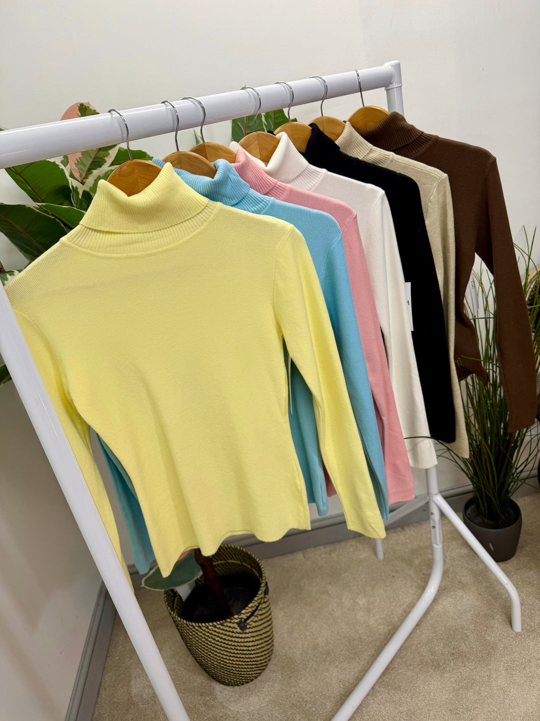 LADIES FASHION ROLL NECK JUMPER - BLACK, WHITE, LEMON, PINK, BLUE, BROWN & BEIGE