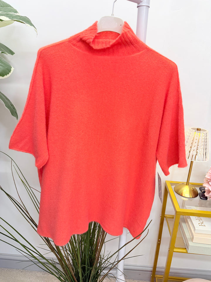 Ladies Fashion High Neck Soft Knit Short Sleeve Jumper coral