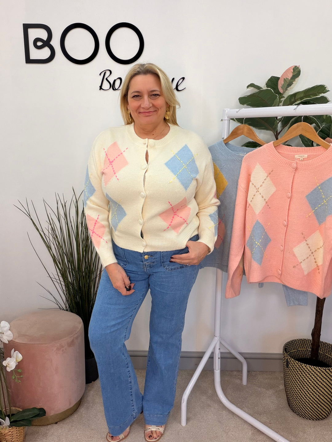 Ladies Fashion Diamond Argyle Cardigan - pink, blue & cream