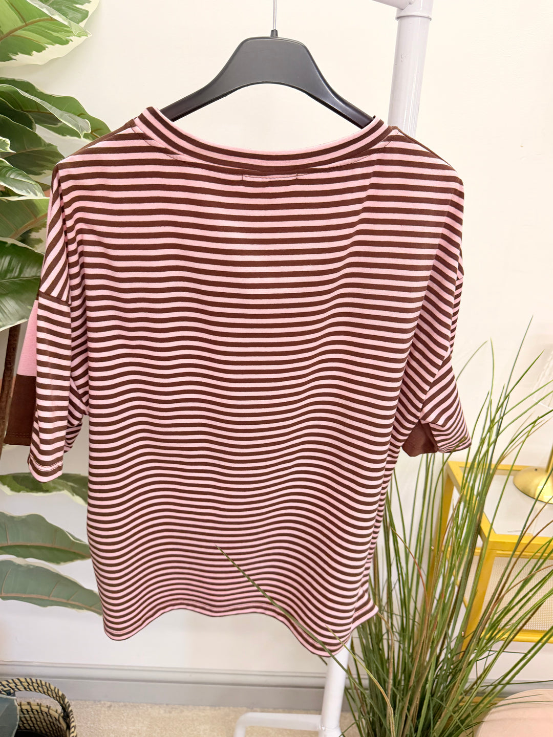 Ladies Colour Block Stripe T Shirt Top - Chocolate/Pink and Pink/Red