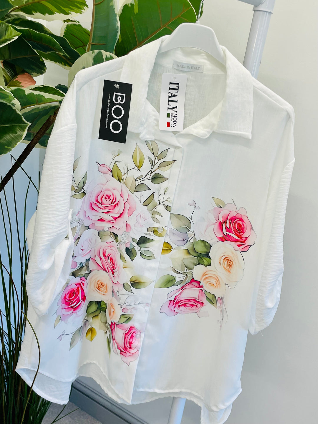 LADIES WHITE FLORAL PRINT LINEN SHIRT