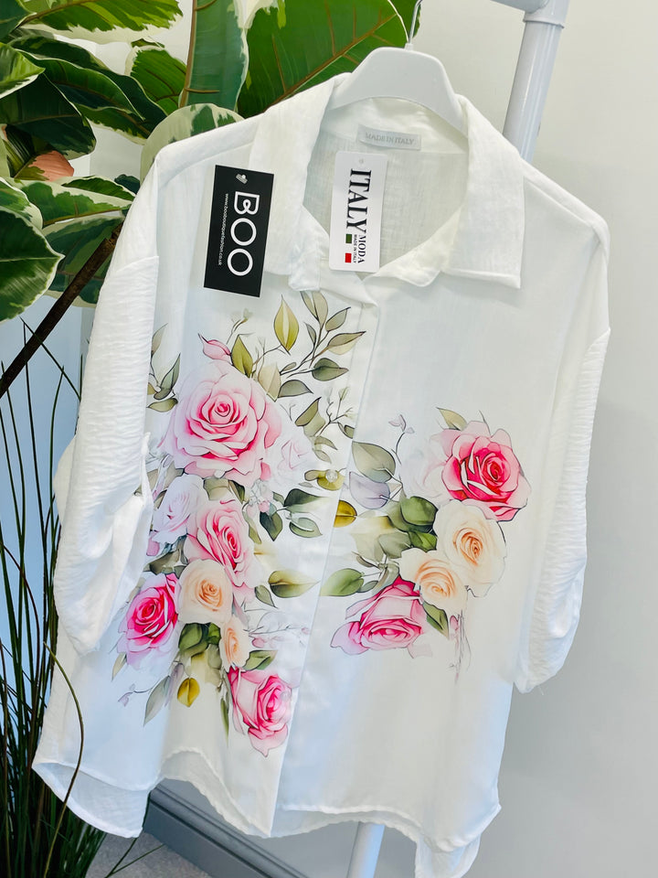 LADIES WHITE FLORAL PRINT LINEN SHIRT