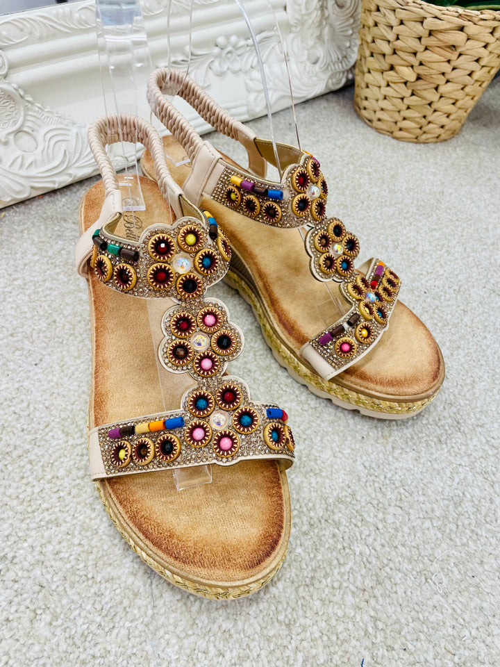 LADIES WOMENS BEIGE BEADED LOW WEDGE HEEL SANDALS sizes 3 to 8
