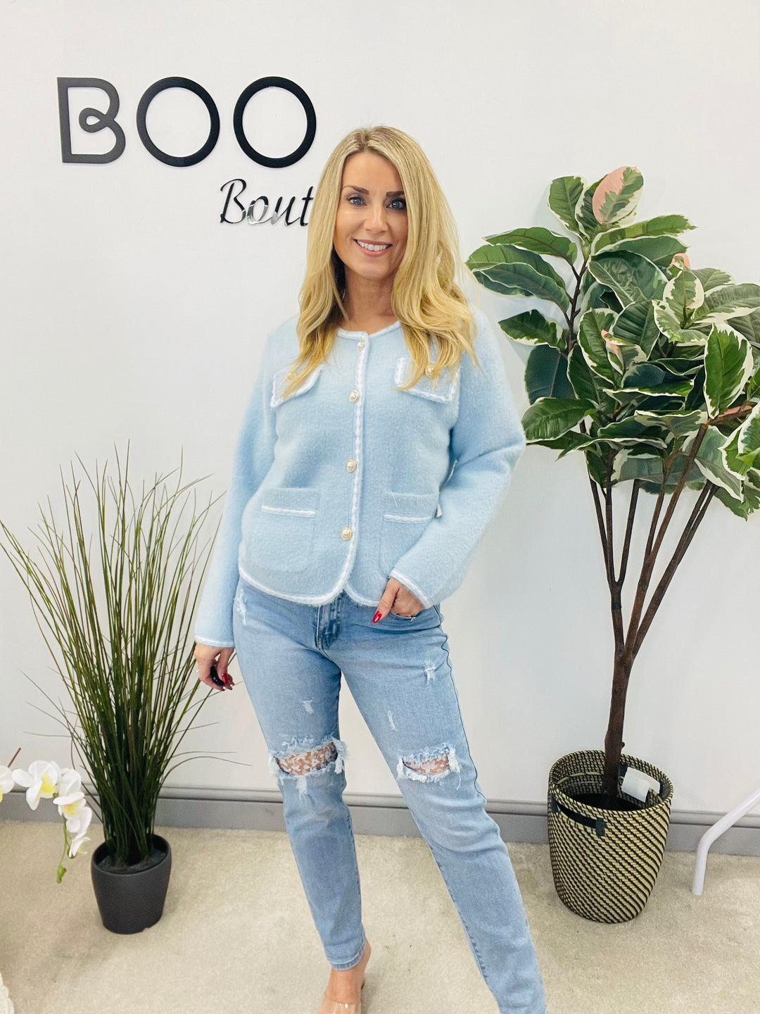 LADIES FLUFFY KNIT INSPIRED STYLE CARDIGAN - PINK & BLUE