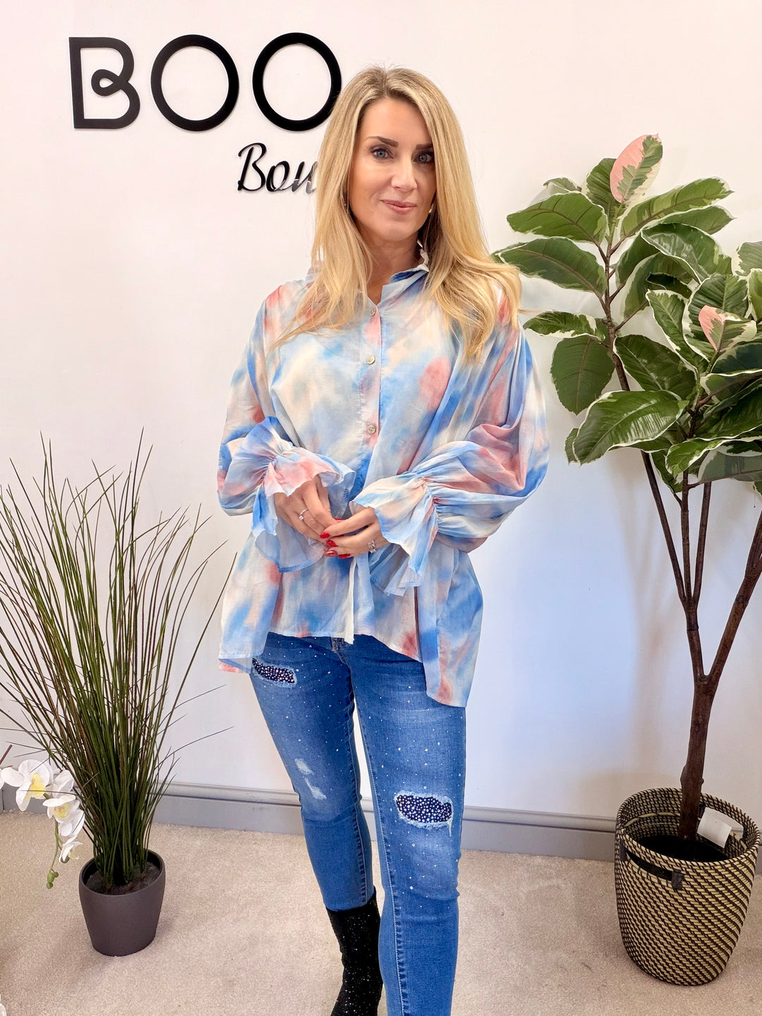 LADIES TIE DYE LOOSE FIT BLOUSE - PINK, NAVY, PALE BLUE