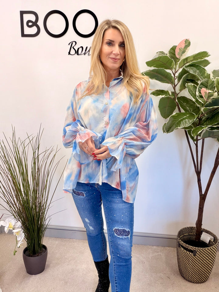 LADIES TIE DYE LOOSE FIT BLOUSE - PINK, NAVY, PALE BLUE