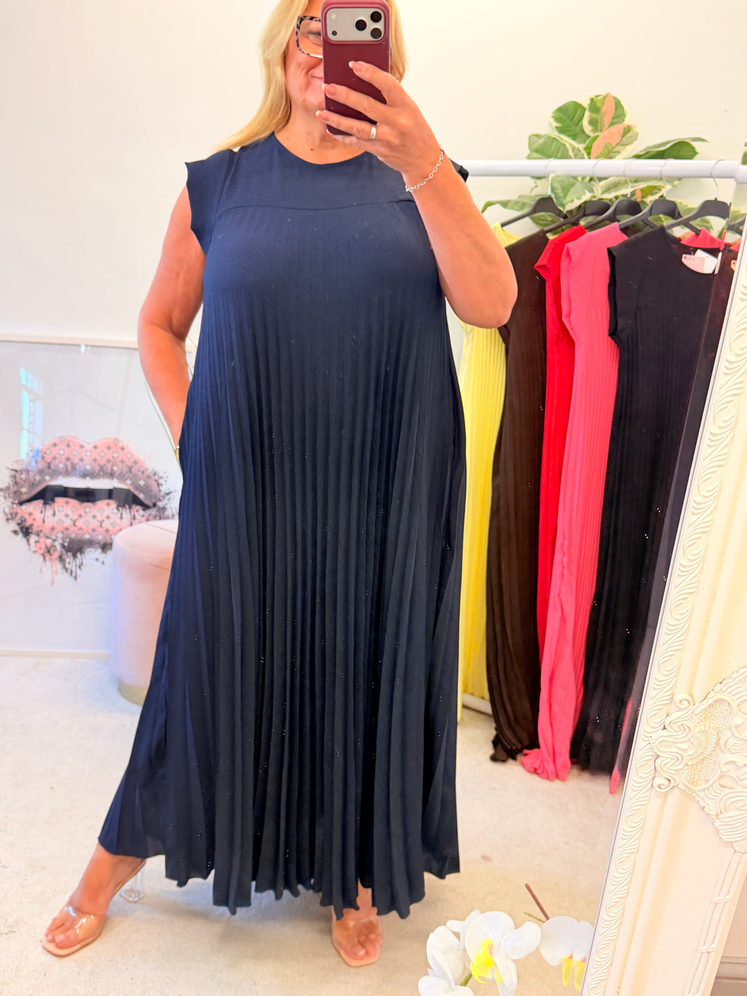 Ladies Fashion Pleated Maxi Dress - Black, Navy, Red, Lemon, Pink, Raspberry