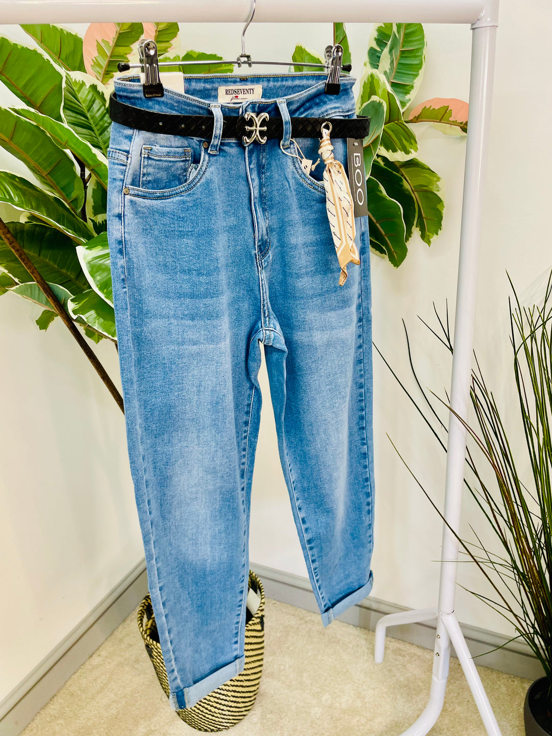 LADIES BLUE MID WASH STRETCH MOM FIT DENIM JEANS