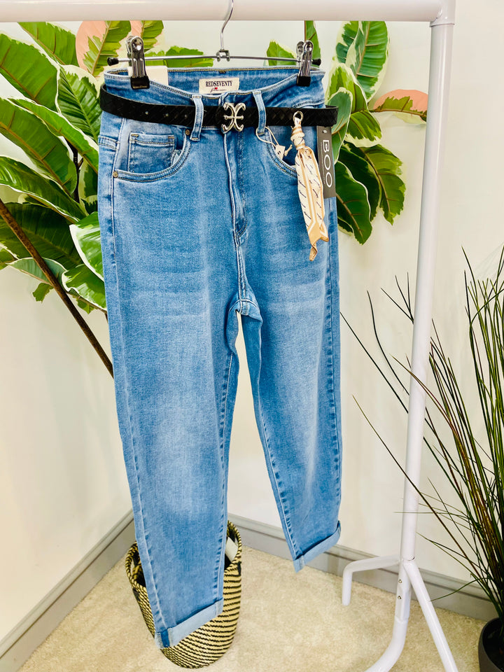 LADIES BLUE MID WASH STRETCH MOM FIT DENIM JEANS