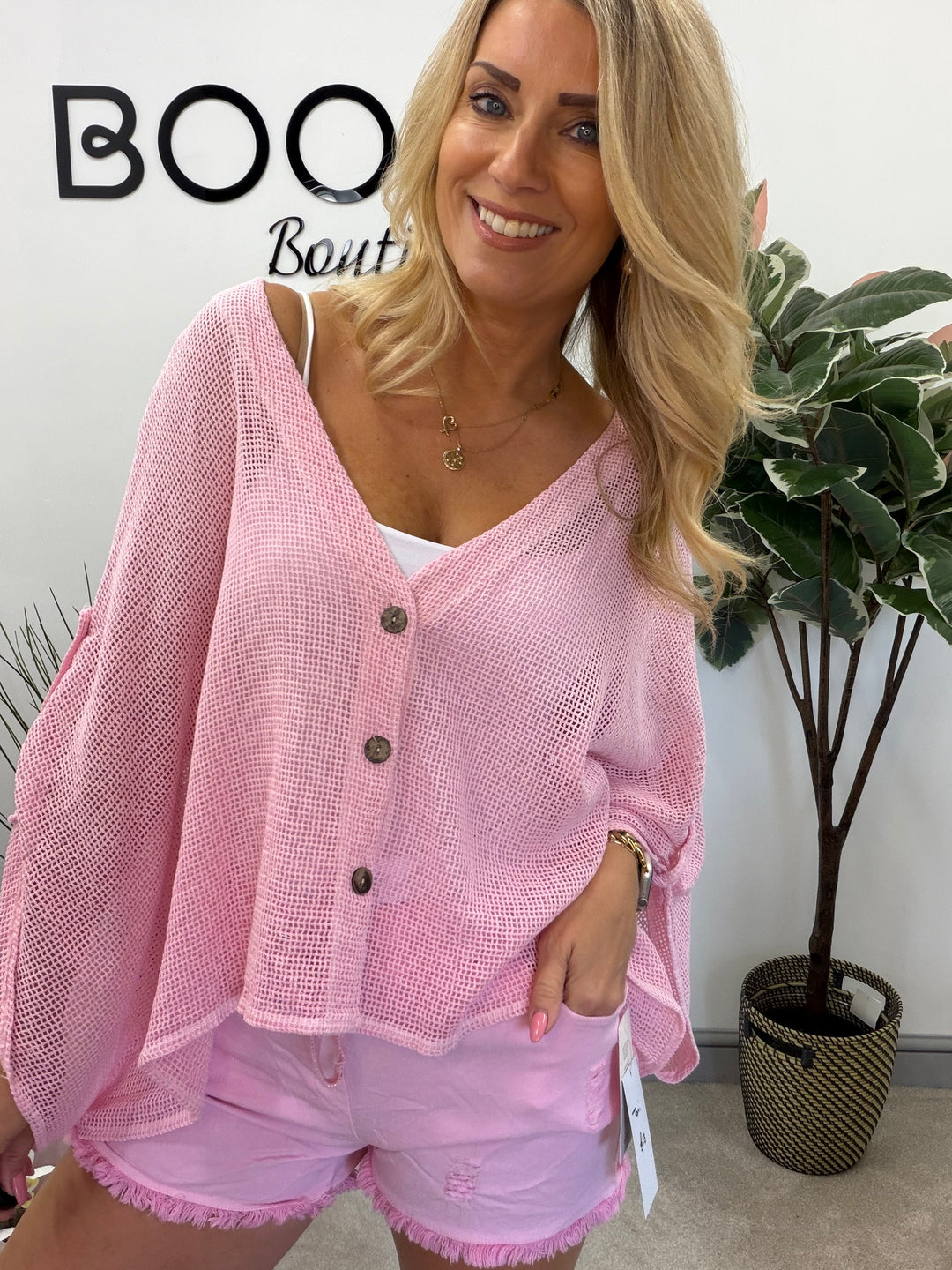 Ladies Fashion Tea Bag Linen Mesh Top Cardigan - Blue, Black, White, Lime & Pink