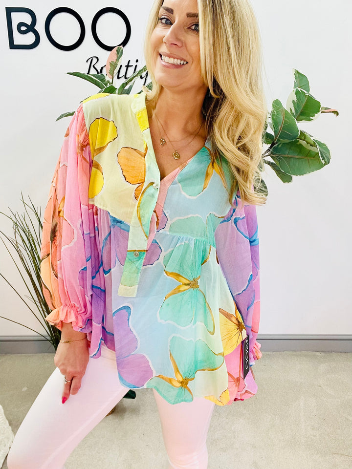 LADIES WOMENS PASTEL SMOCK LOOSE FIT TOP - PINK BLUE YELLOW
