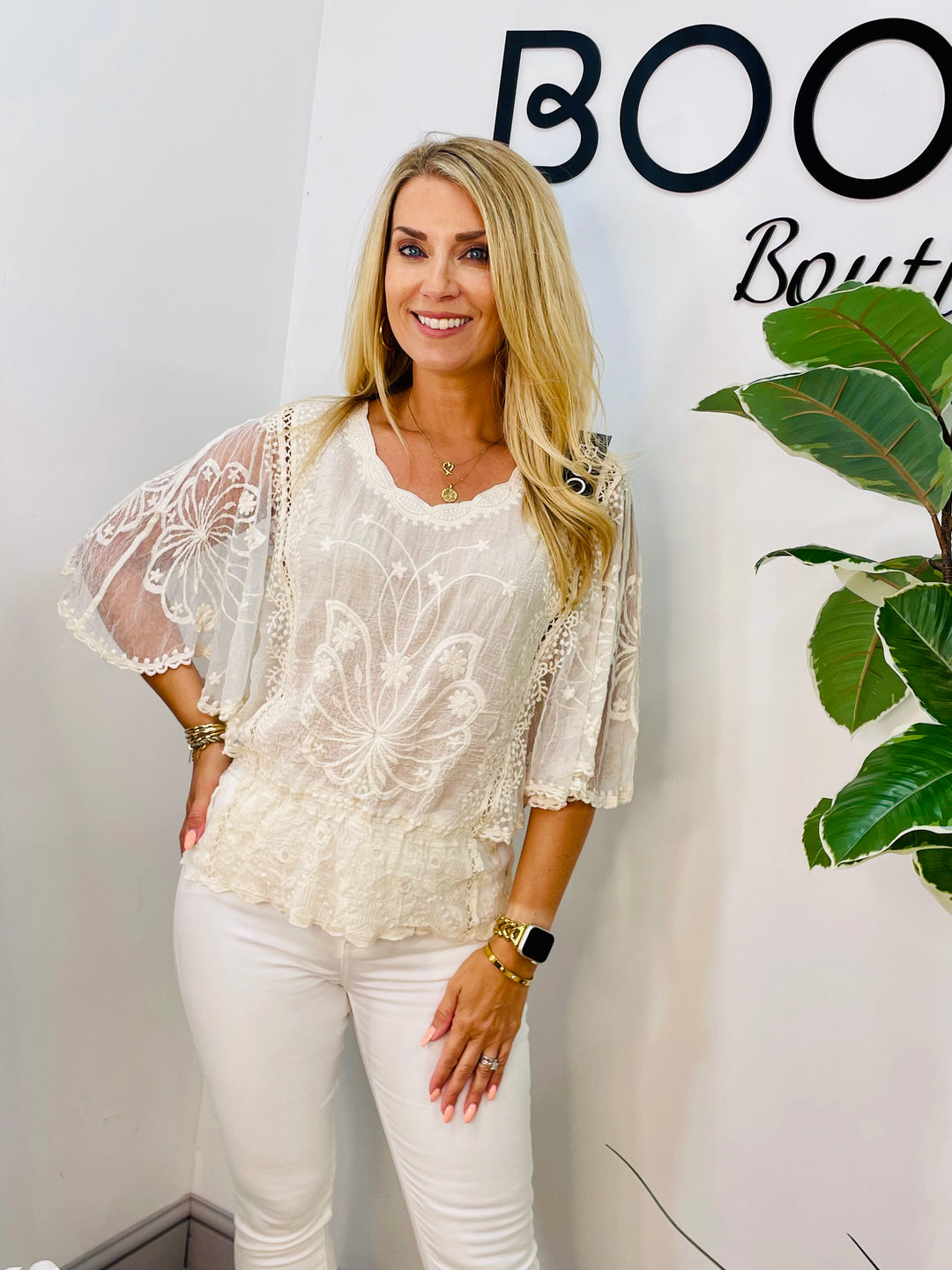 LADIES PRETTY LACY SUMMER BOHO TOP - WHITE, BEIGE & BROWN