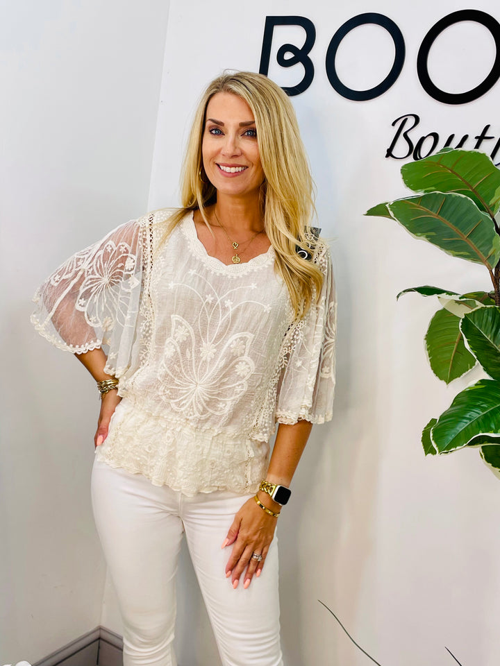 LADIES PRETTY LACY SUMMER BOHO TOP - WHITE, BEIGE & BROWN