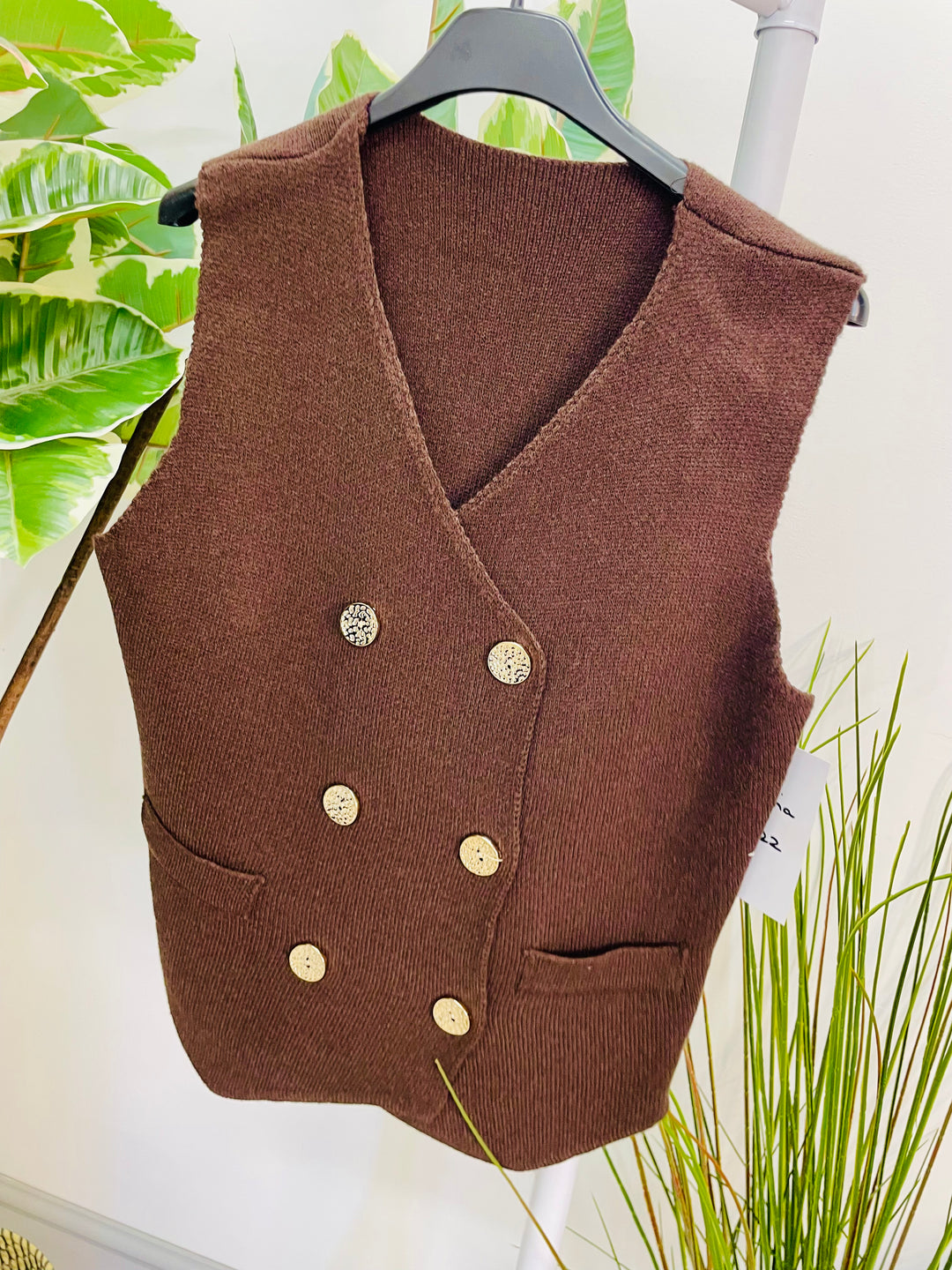 LADIES KNITTED DOUBLE BREASTED SLEEVELESS WAISTCOAT - WHITE, BLACK & BROWN