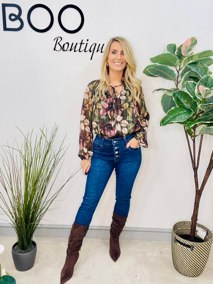 LADIES LEAF PRINT CHIFFON BLOUSE TOP - BROWN, BLACK & KHAKI