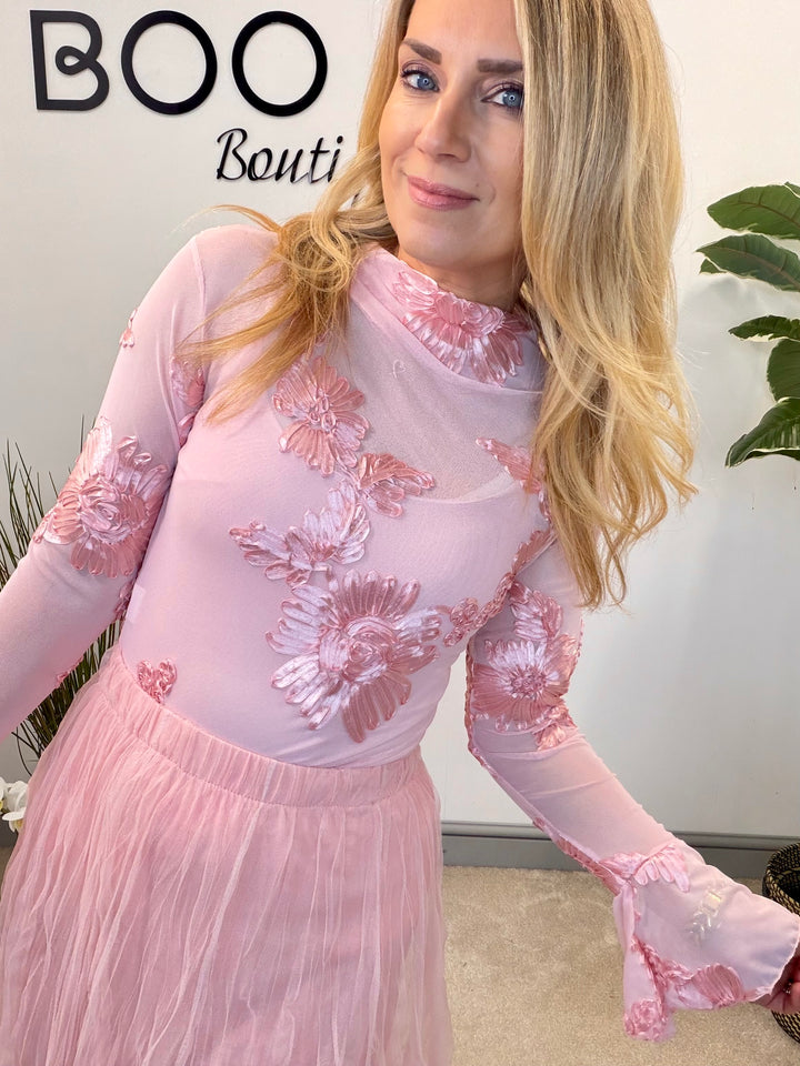 LADIES SHEER LACY TOP - BLUE, BLACK, WHITE, PINK & BROWN