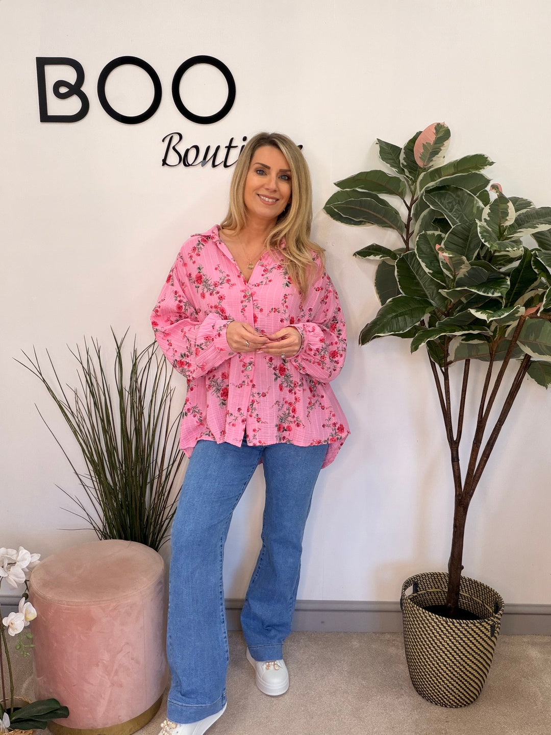 Ladies Fashion Pink Cheesecloth Long Sleeve Blouse Top