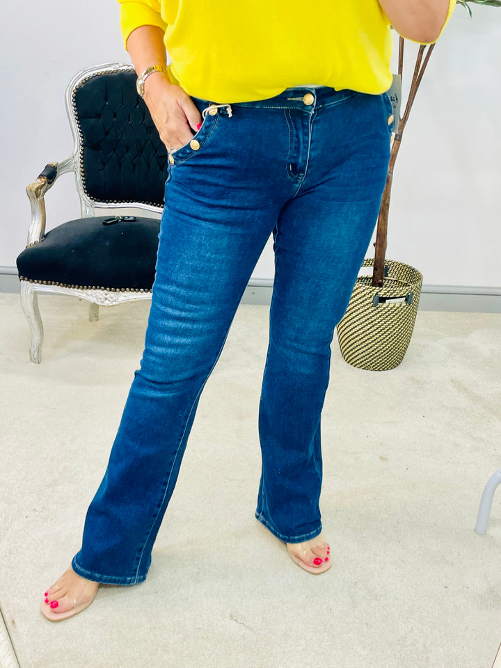 LADIES DARK BLUE DENIM KICK FLARE JEANS