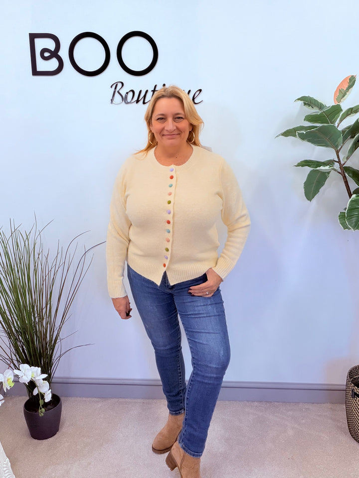 LADIES CREAM MULTI COLOURED BUTTON CARDIGAN TOP