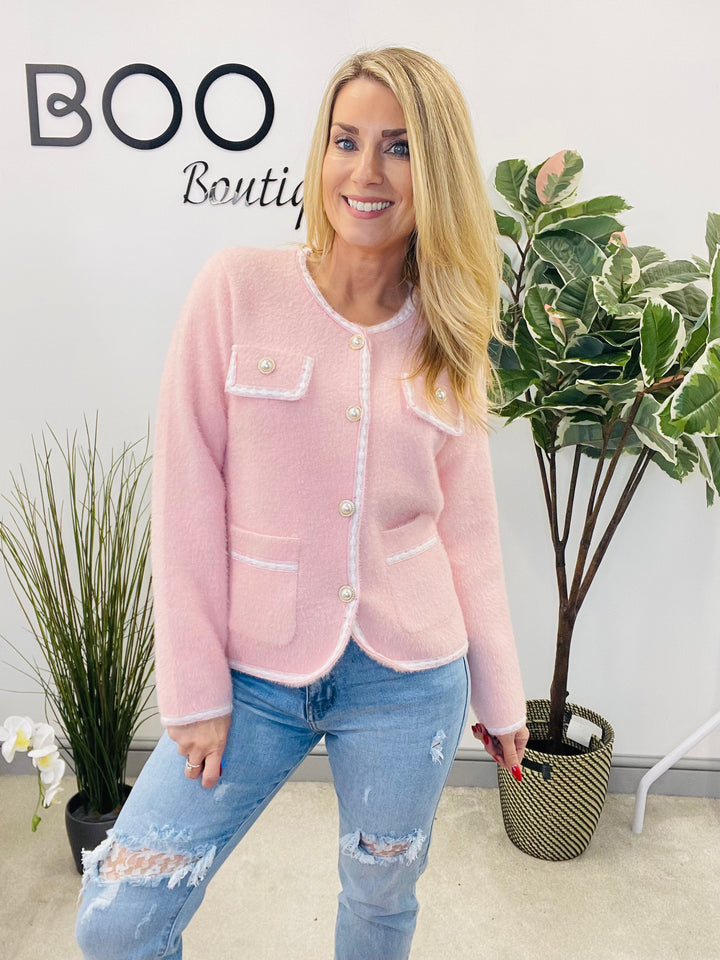 LADIES FLUFFY KNIT INSPIRED STYLE CARDIGAN - PINK & BLUE