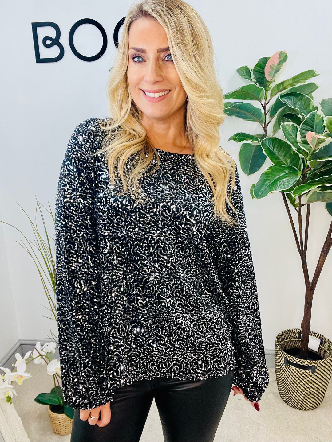 LADIES SEQUIN BOW BACK PARTY TOP - BROWN, BLACK, NAVY, BERRY & SILVER