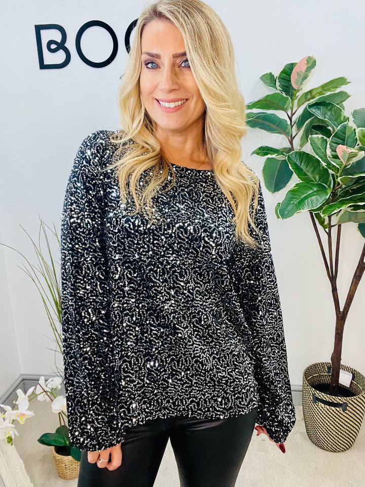 LADIES SEQUIN BOW BACK PARTY TOP - BROWN, BLACK, NAVY, BERRY & SILVER