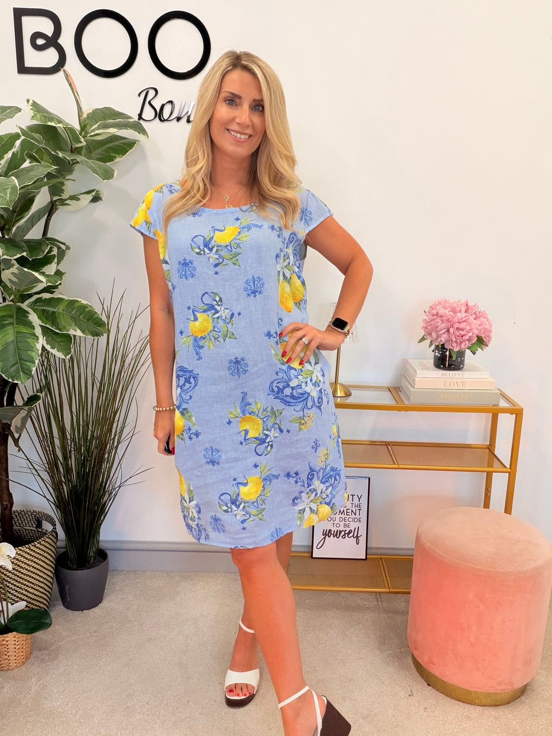 Ladies Linen Lemon Print Shift Summer Dress - Lemon, White & Blue