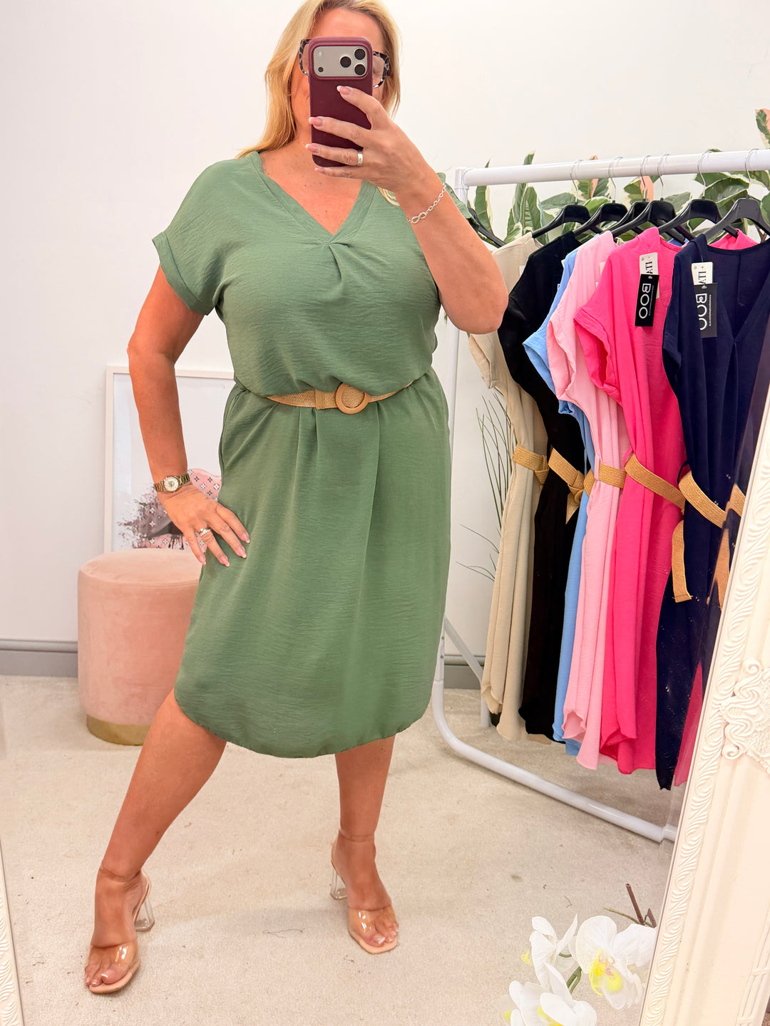 Ladies Fashion Casual Midi Dress - khaki