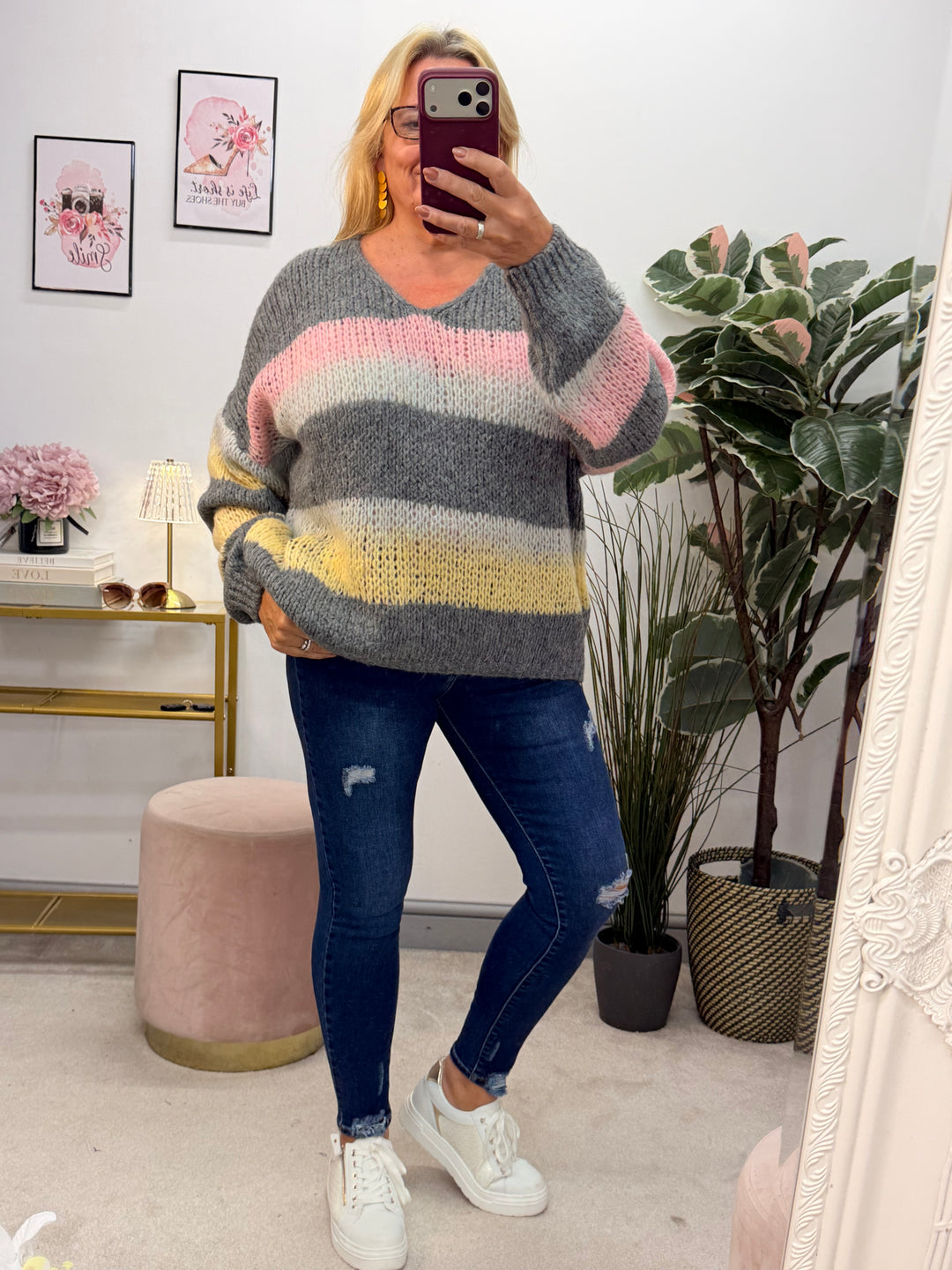 Ladies Fashion Stripe Slouch Chunky Knit Jumper - Mocha, Grey & Beige