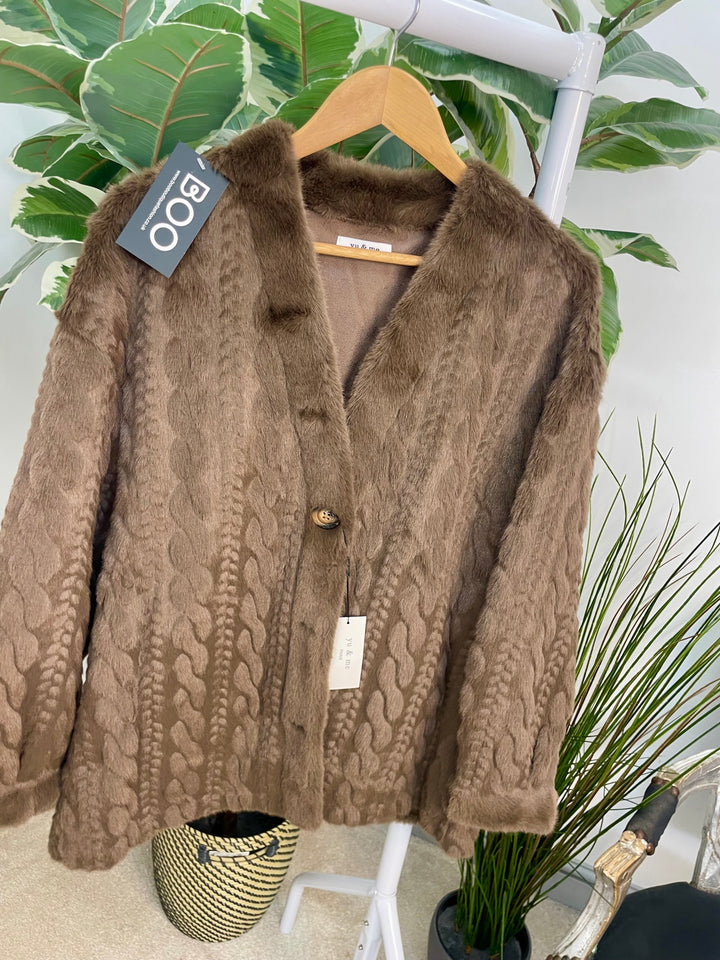 LADIES FASHION CABLE FAUX FUR JACKET - BEIGE, BROWN & BLACK