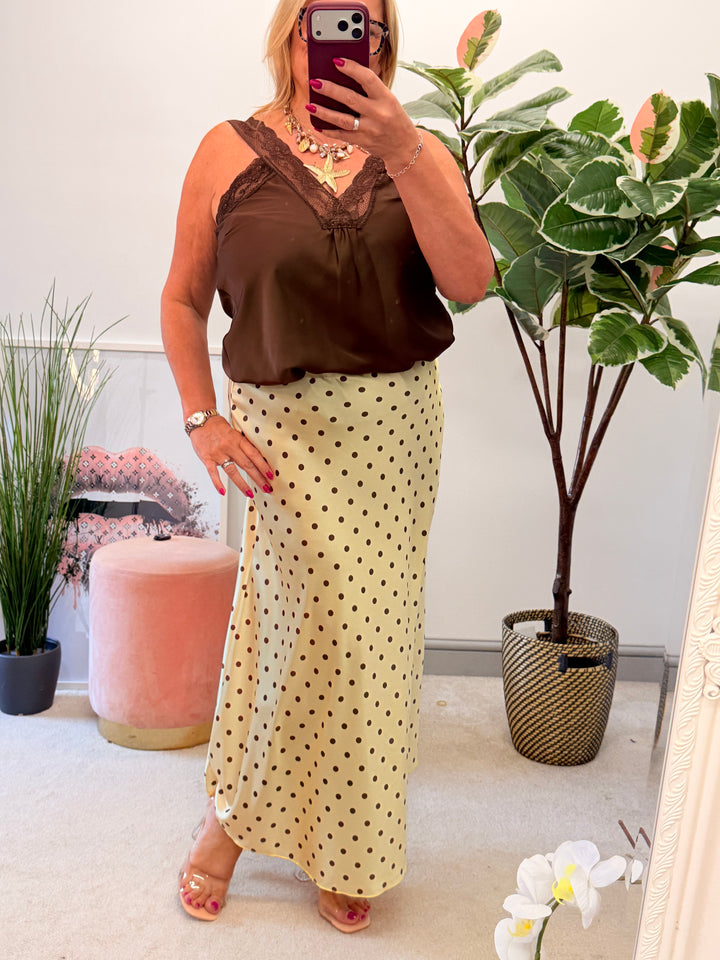 Ladies Satin Polka Dot Maxi Skirt - Black, White, Lemon, Blue & Pink