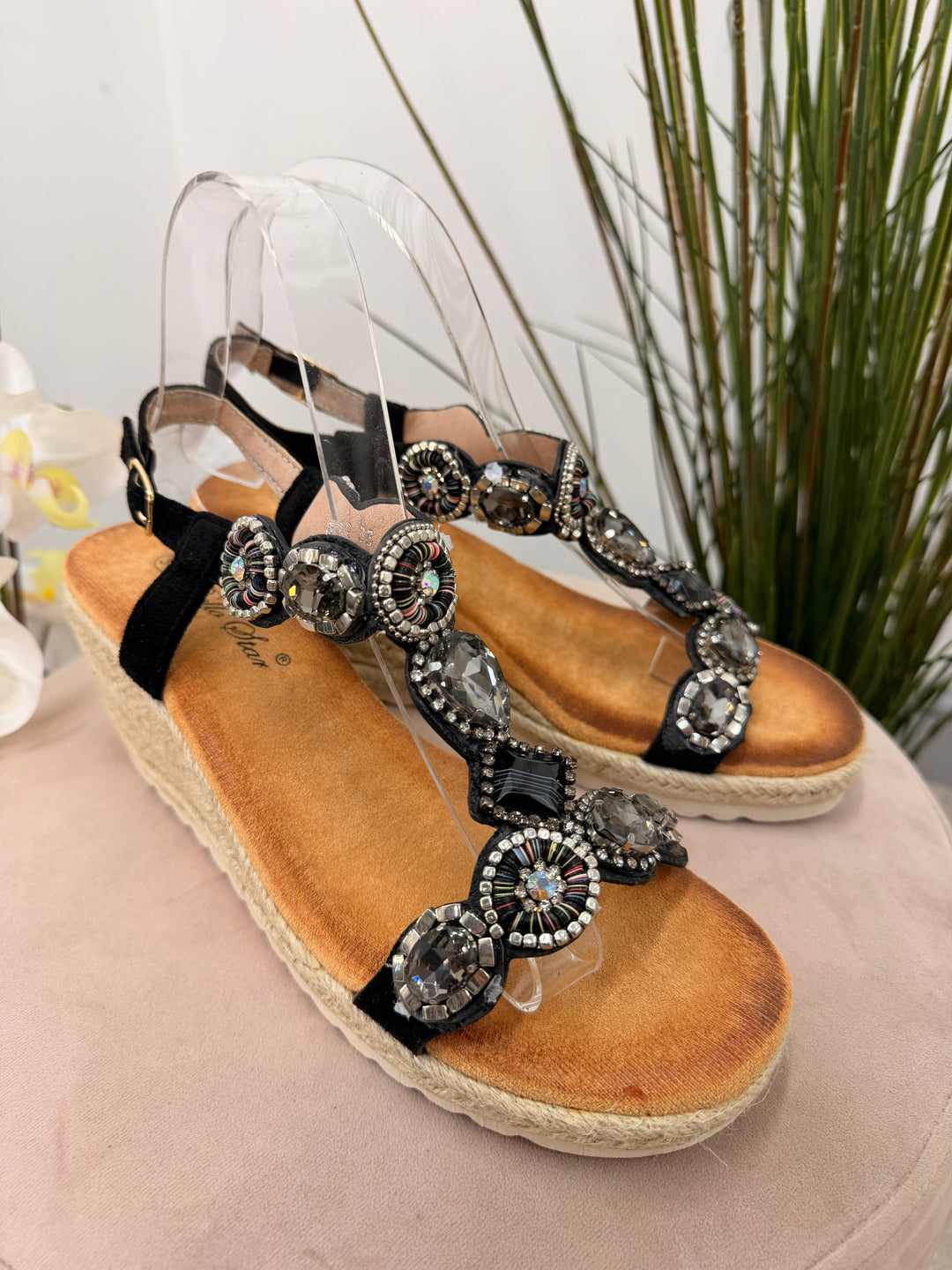 Ladies Fashion Black Jewelled Mid Wedge Heel Sandals