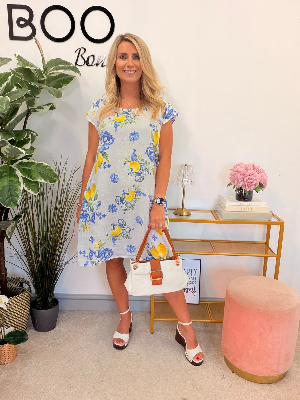 Ladies Linen Lemon Print Shift Summer Dress - Lemon, White & Blue