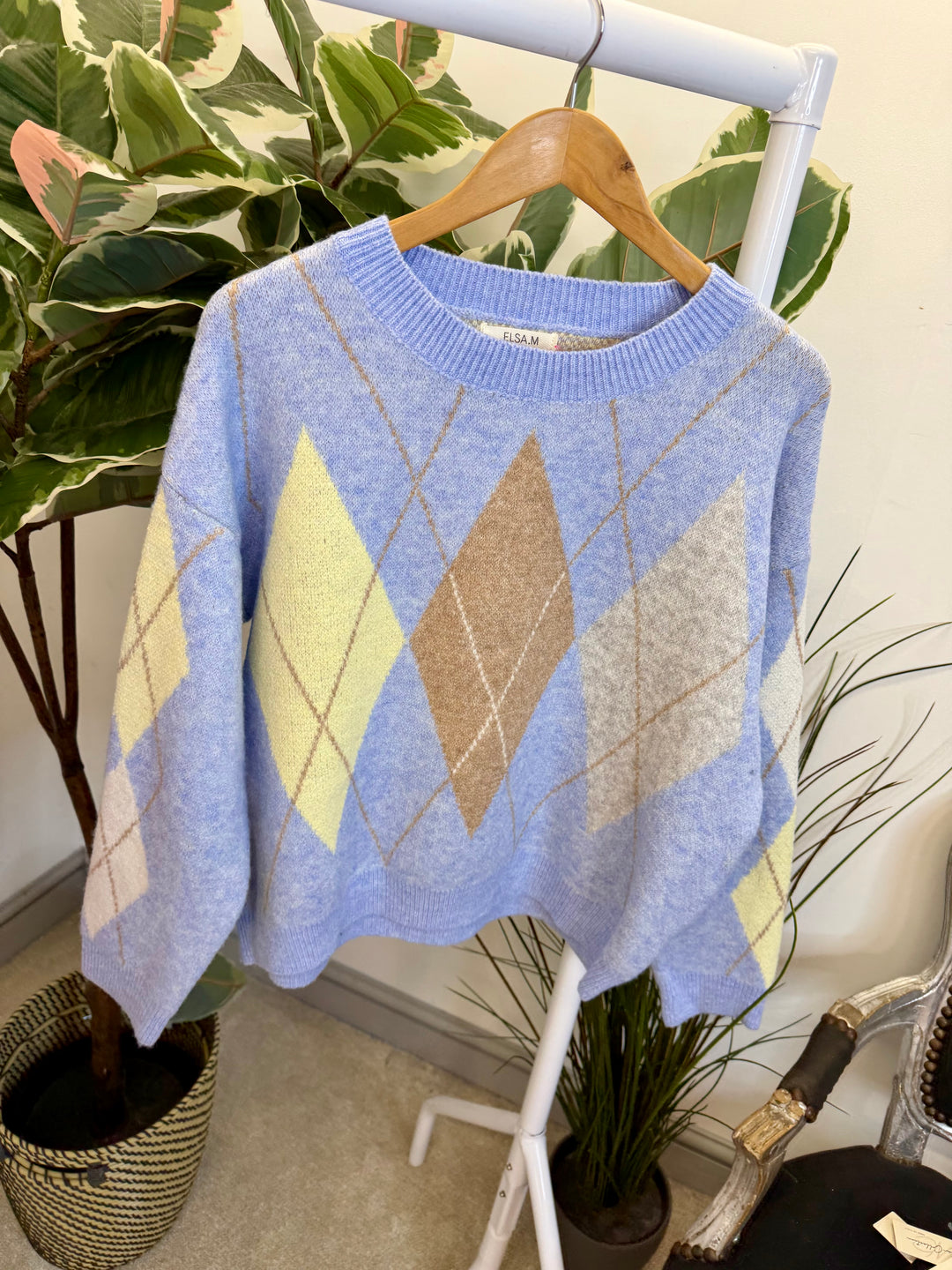 LADIES SOFT KNIT ARGYLE JUMPER - PINK, LEMON, BLUE, MINT & CREAM