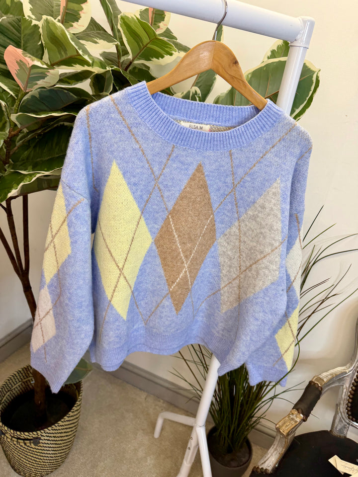 LADIES SOFT KNIT ARGYLE JUMPER - PINK, LEMON, BLUE, MINT & CREAM