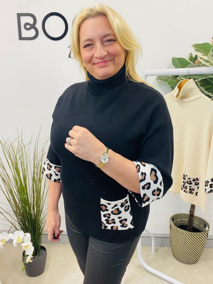 LADIES SOFT KNIT JUMPER WITH LEOPARD PRINT - BLACK & CREAM