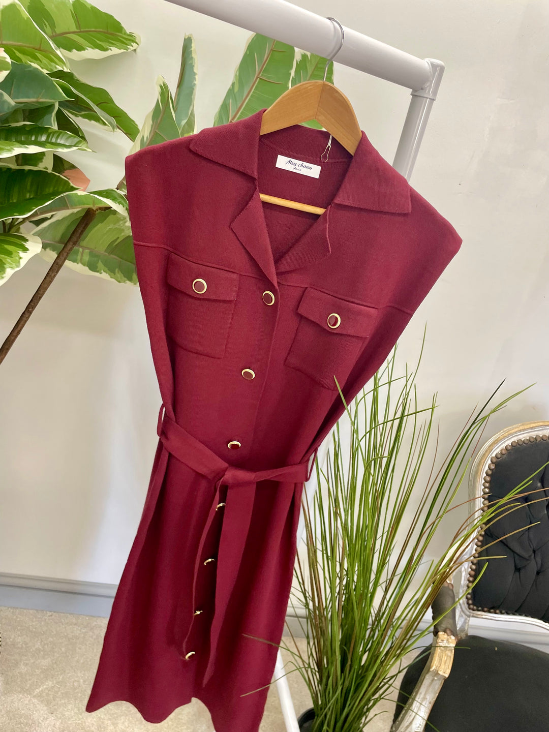 LADIES KNITTED FASHION JUMPER DRESS - BLACK & BURGUNDY WINE