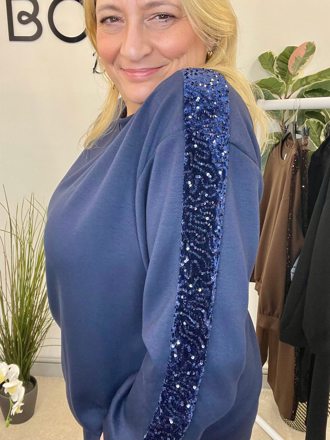 LADIES SEQUIN SCUBA WIDE LEG TROUSER CO ORD SET - BROWN, BLACK, NAVY