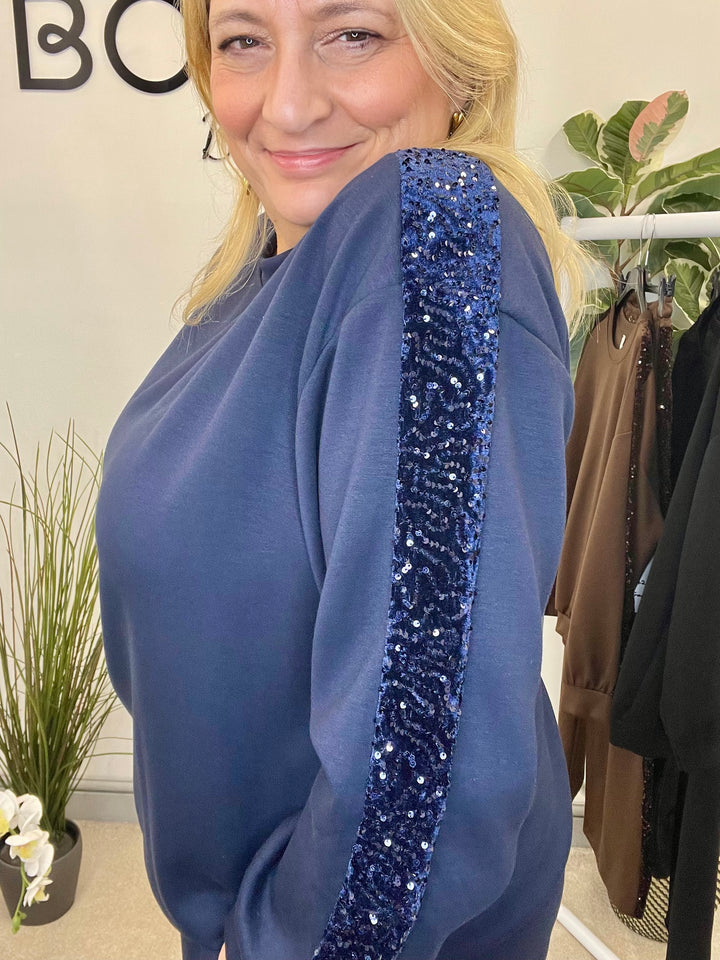 LADIES SEQUIN SCUBA WIDE LEG TROUSER CO ORD SET - BROWN, BLACK, NAVY