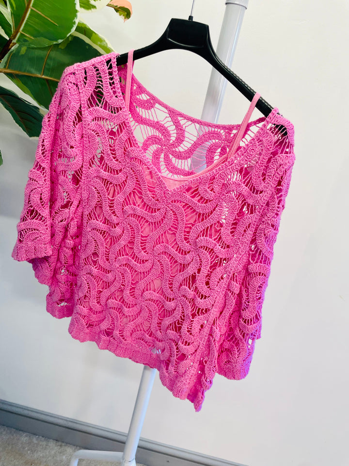 LADIES WOMENS CROCHET TOP - PINK, WHITE, BLACK, MINT, BLUE, YELLOW & MINT