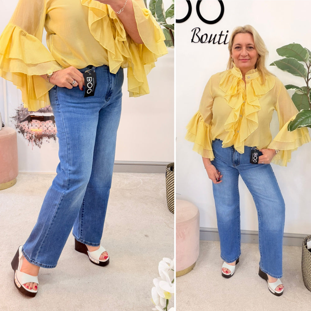 Ladies Fashion Blue High Waist Straight Leg Jeans