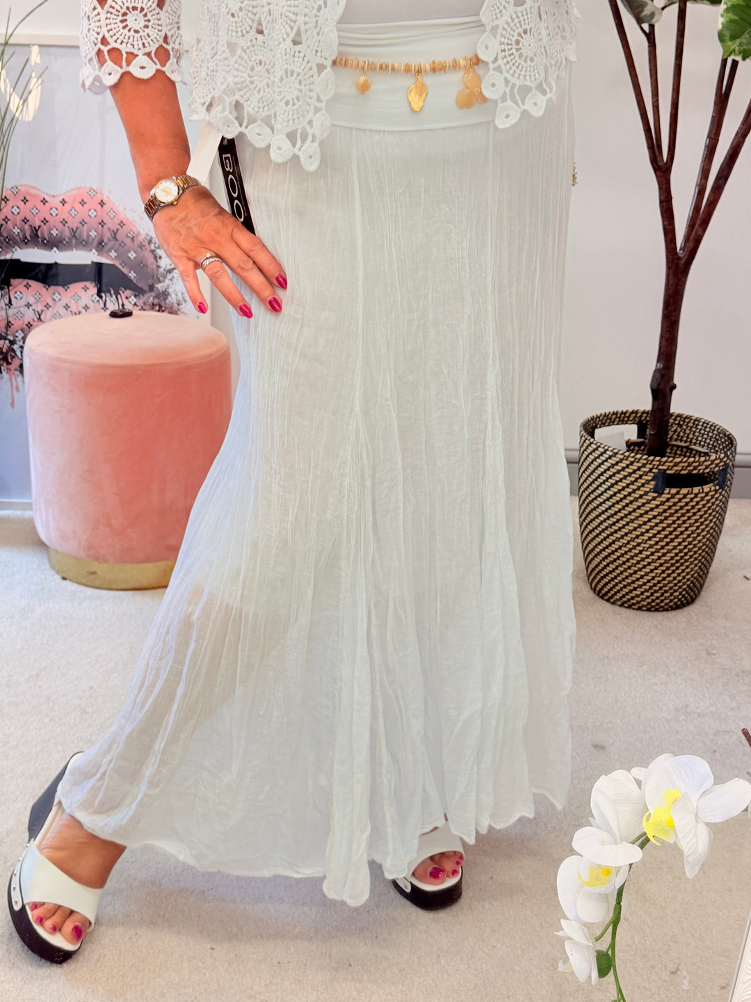 Ladies Fashion Crinkle Boho Maxi Skirt - Brown, White, Pink & Blue