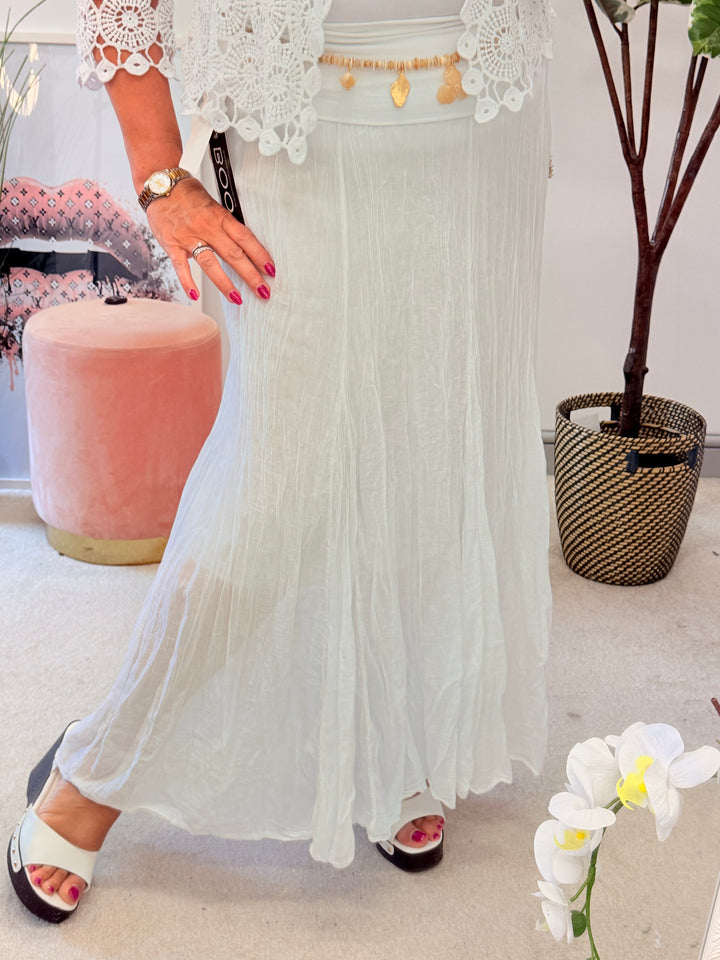 Ladies Fashion Crinkle Boho Maxi Skirt - Brown, White, Pink & Blue