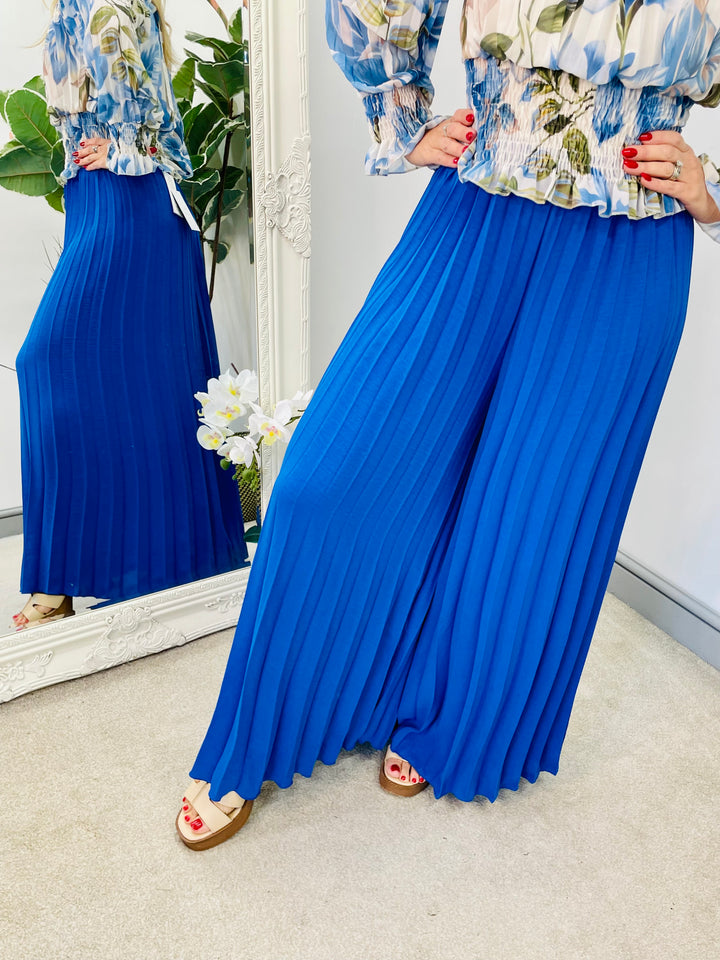 LADIES WOMENS PLEATED WIDE LEG PALAZZO CULOTTE TROUSERS - ROYAL BLUE, NAVY, BLACK, CAMEL, GREEN